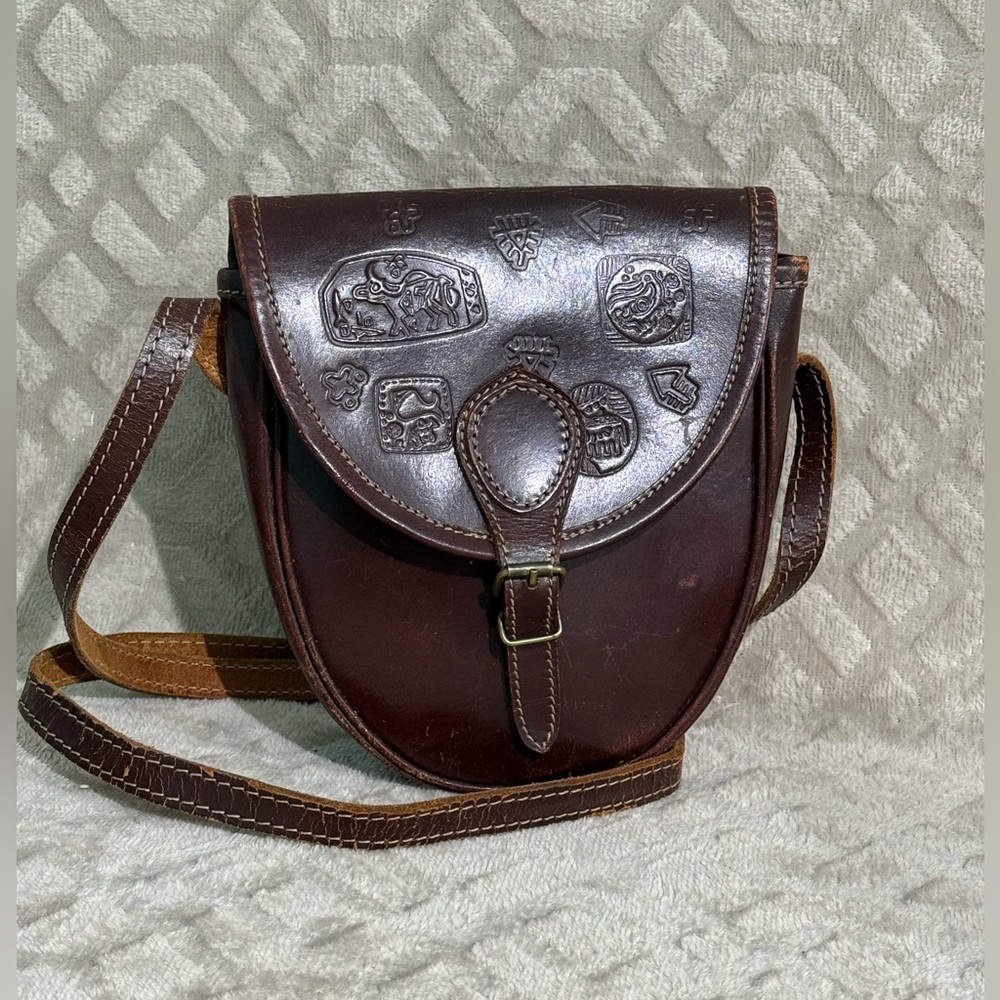 Vintage Bag Hand Tooled Brown Leather |Carved Inca Signs Symbols Crossbody Purse